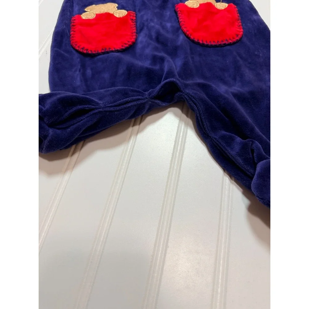 Little Me Vintage Baby Velour Footed Sleeper Navy Blue Bear Pockets 3-6 Months